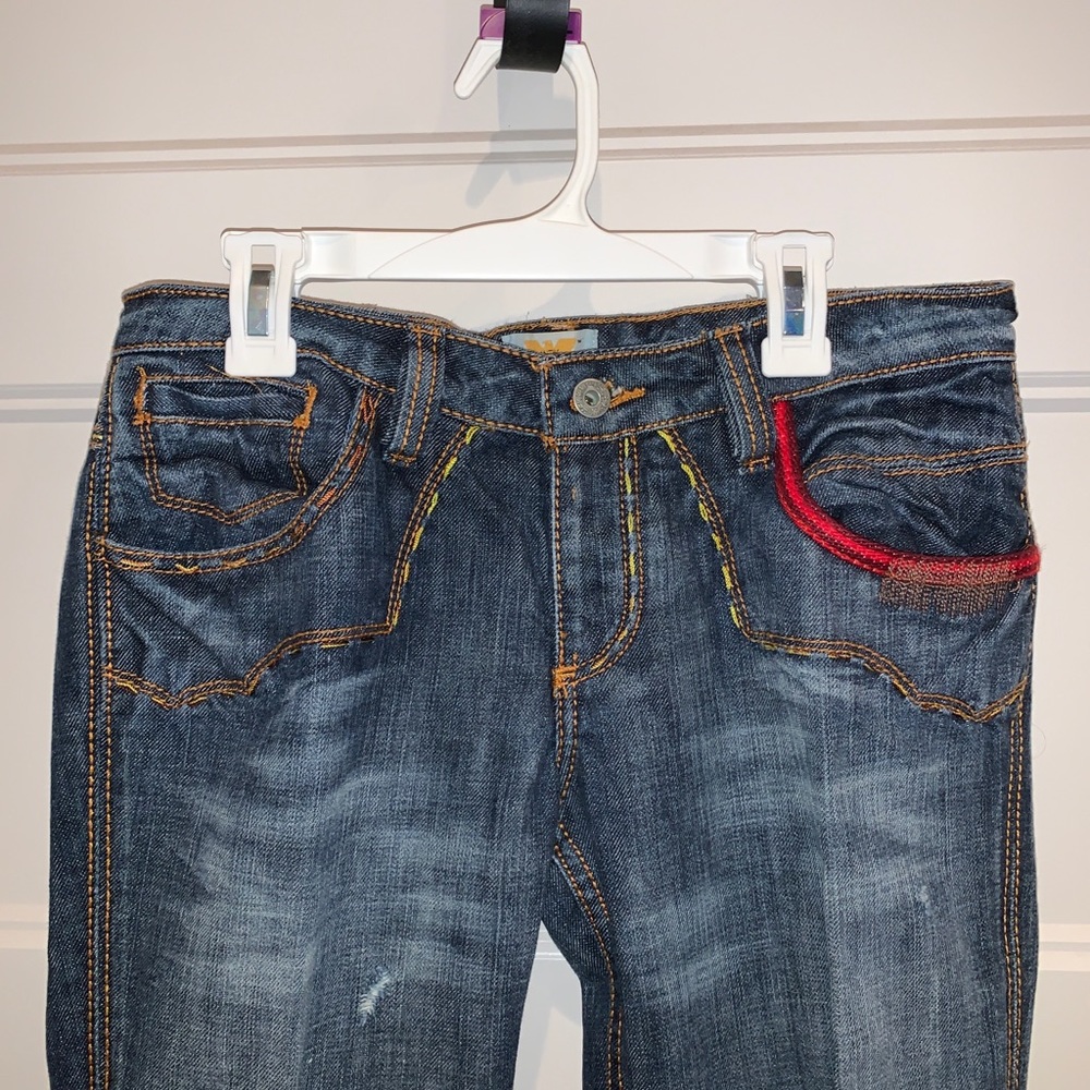 Antik Denim Women's Boot Cut Distressed Embroidered Jeans Size 28 Button Fly